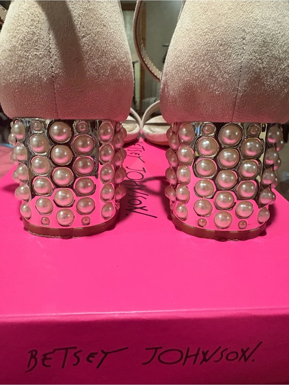 Betsey Johnson Cream Suede Pearl-Embellished Block Heel Sandals